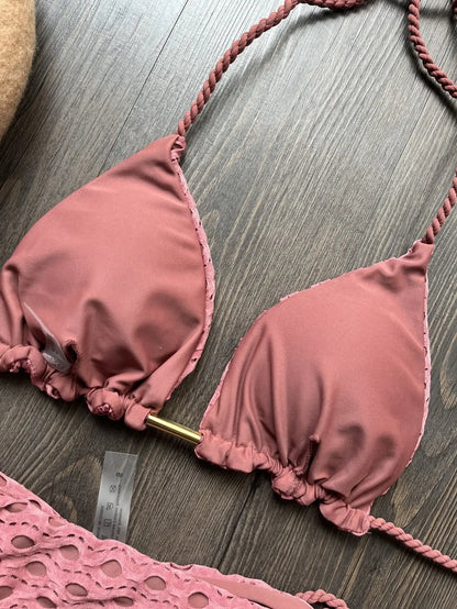 sexy women's split triangle Solid color hollow fabric braided strap bikini swimsuit