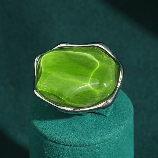 Women Vintage Opal Green Cat Eye Stone Irregular Alien Crystal Silver Color Designer Ring