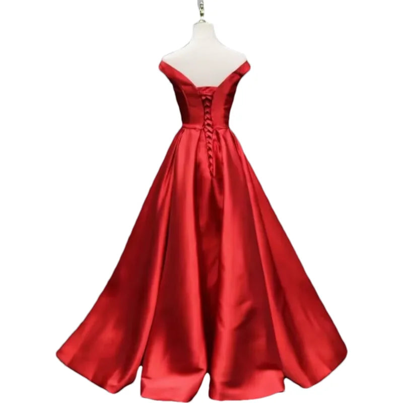 Off-Shoulder A-Line Satin Formal Women Prom Long Evening Party Gown Dress w/ Pockets