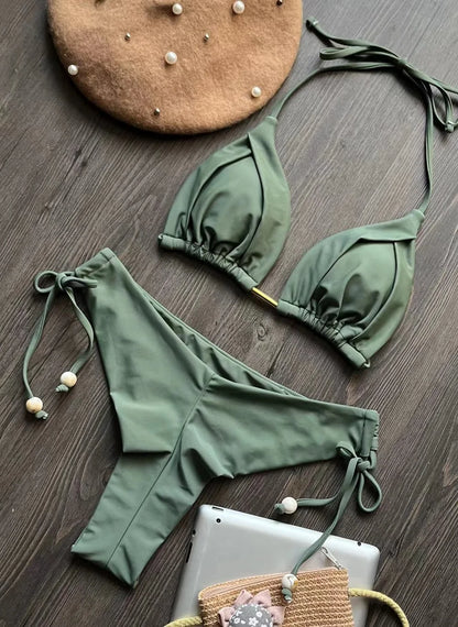 Solid Color Bikini Swimsuit Hanging Neck Rope Split Swimsuit 2-piece Beachwear Suit