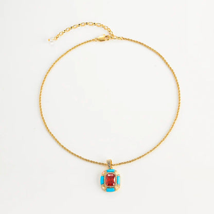 Vintage Designer Blue Enamel Red Glass Square Hanging French Stylish Luxury Charm Pendant Necklace