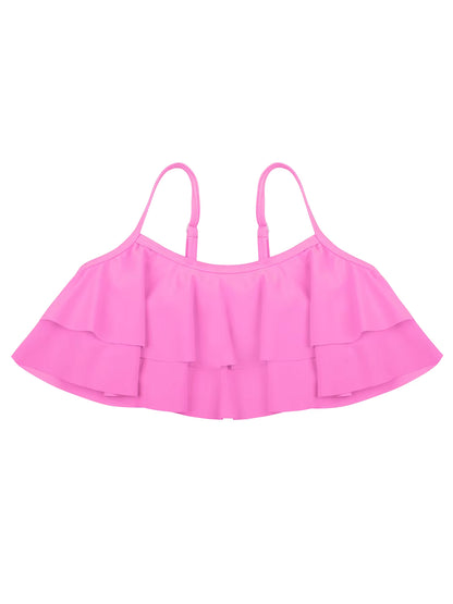 2pcs Kids Girl Sleeveless Pink Ruffle Crop Tops Scale Print Swim Briefs Swimming Suit
