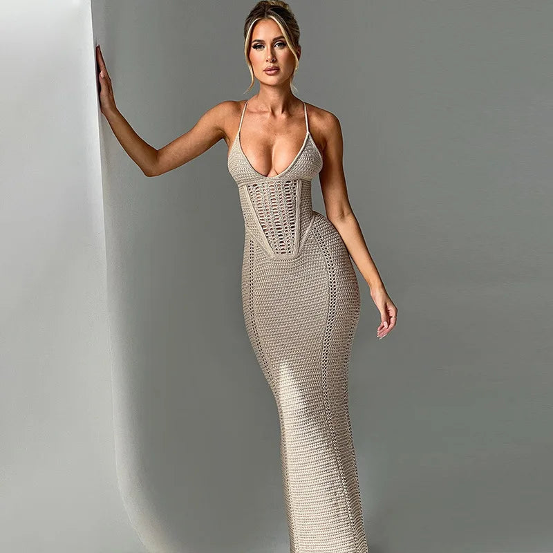 Women Hollow Out Backless Knit Spaghetti Strap Bandage Sleeveless Bodycon Party Long Dress