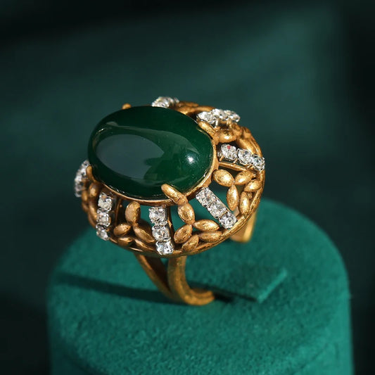 Vintage Gold Color Emerald Green Oval Natural Stone Women Sqaure White Cubic Zirconia Ring