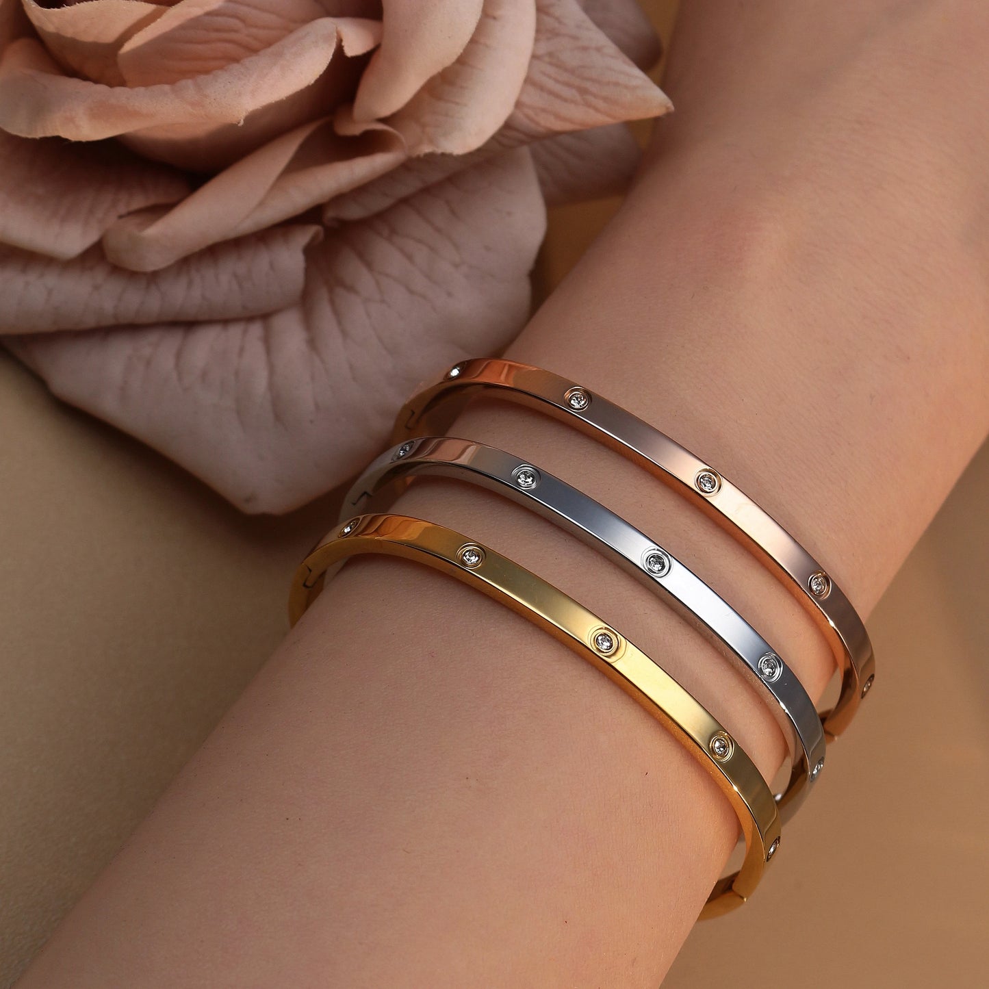 18K Plated Stainless Steel Zircon Fashion Women's Bracelet Bangles Gifts