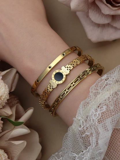 Stainless Steel Zircon Roman Numeral Chain Design Women Bracelet Bangle