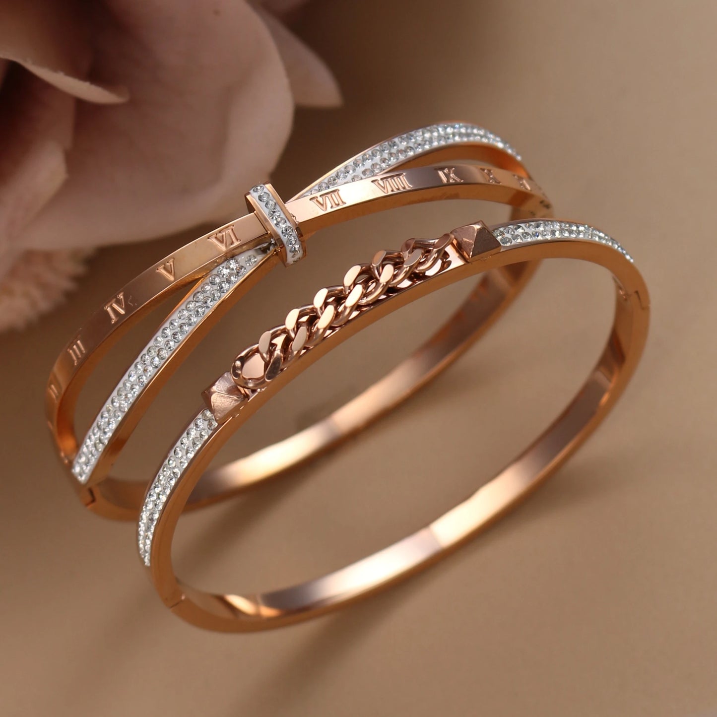 Love Charm 18k Gold Stainless Steel Crystal Cross Roman Numerals Bangle Bracelet