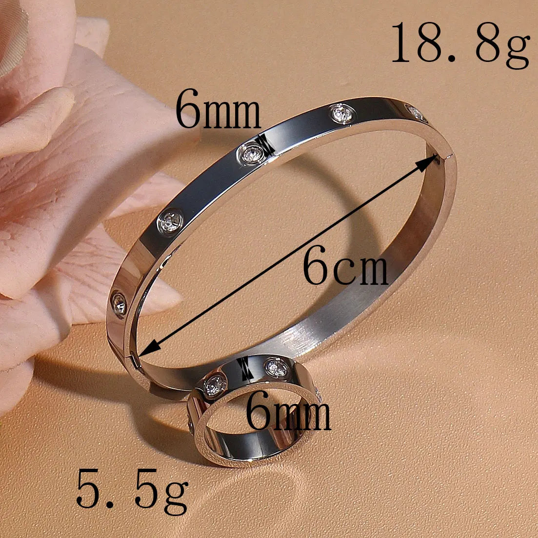 2-in-1 Women 18K Gold-Plated Stainless Steel Bracelet Ring Jewelry Set.