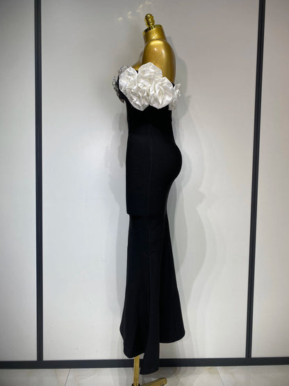 Celebrity Sexy Rhinestone Off Shoulder Flower Maxi Long Bandage Evening Party Dress