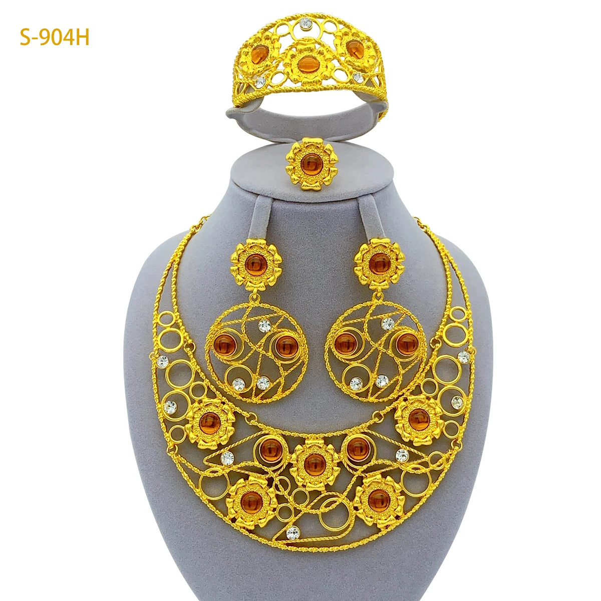 Ethiopian 24K Gold Plated Women African Bridal Wedding Large Pendant Necklace Earrings Bracelet Ring