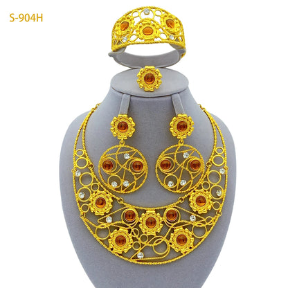Ethiopian 24K Gold Plated Women African Bridal Wedding Large Pendant Necklace Earrings Bracelet Ring