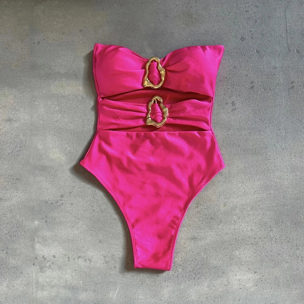 Sexy Metal Rings Cut Out Swimwear One Piece Swimsuit Bandeau High Leg Cut Bather Bathing Suit