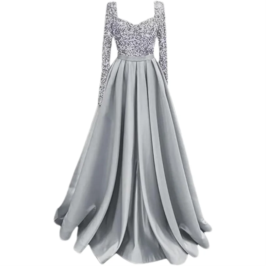 Long Sleeve Sequin Prom Long Satin Women Formal A-Line Evening Party Ball Gown Dress w/ Pockets