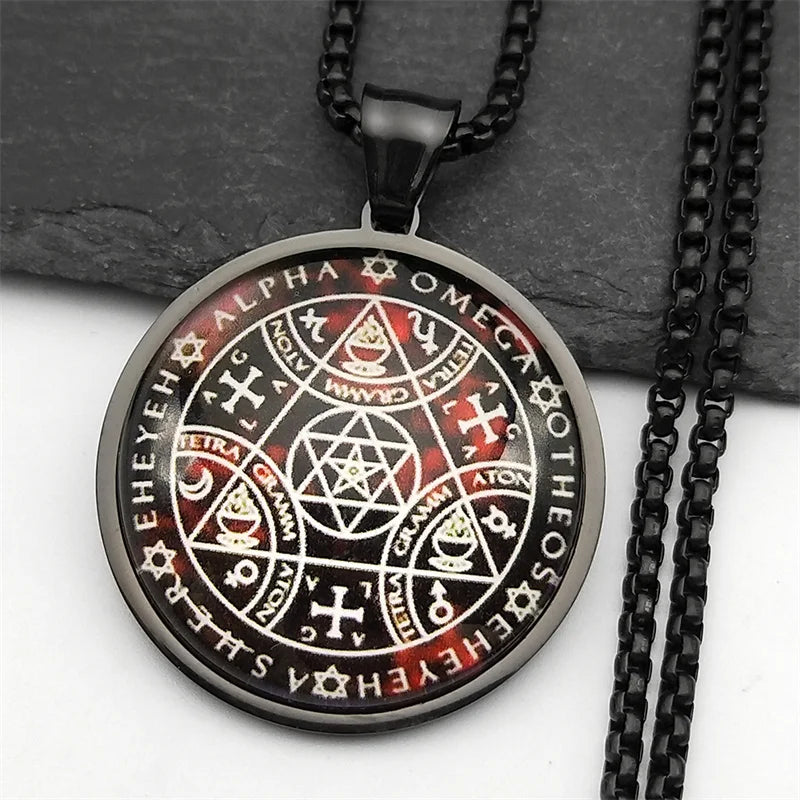 Women Men Stainless Steel Gold Color Archangel Kabbalah Talisman Key of Solomon Sigil Glass Round Medal Necklace