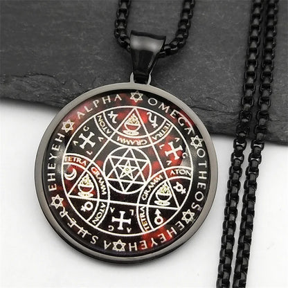 Women Men Stainless Steel Gold Color Archangel Kabbalah Talisman Key of Solomon Sigil Glass Round Medal Necklace