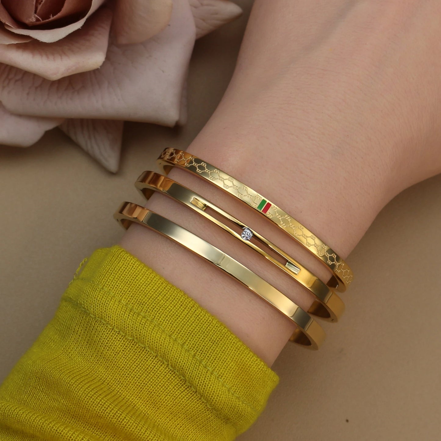18K Gold Plated Stainless Steel Polished Zircon 50MM Bangles Bracelet