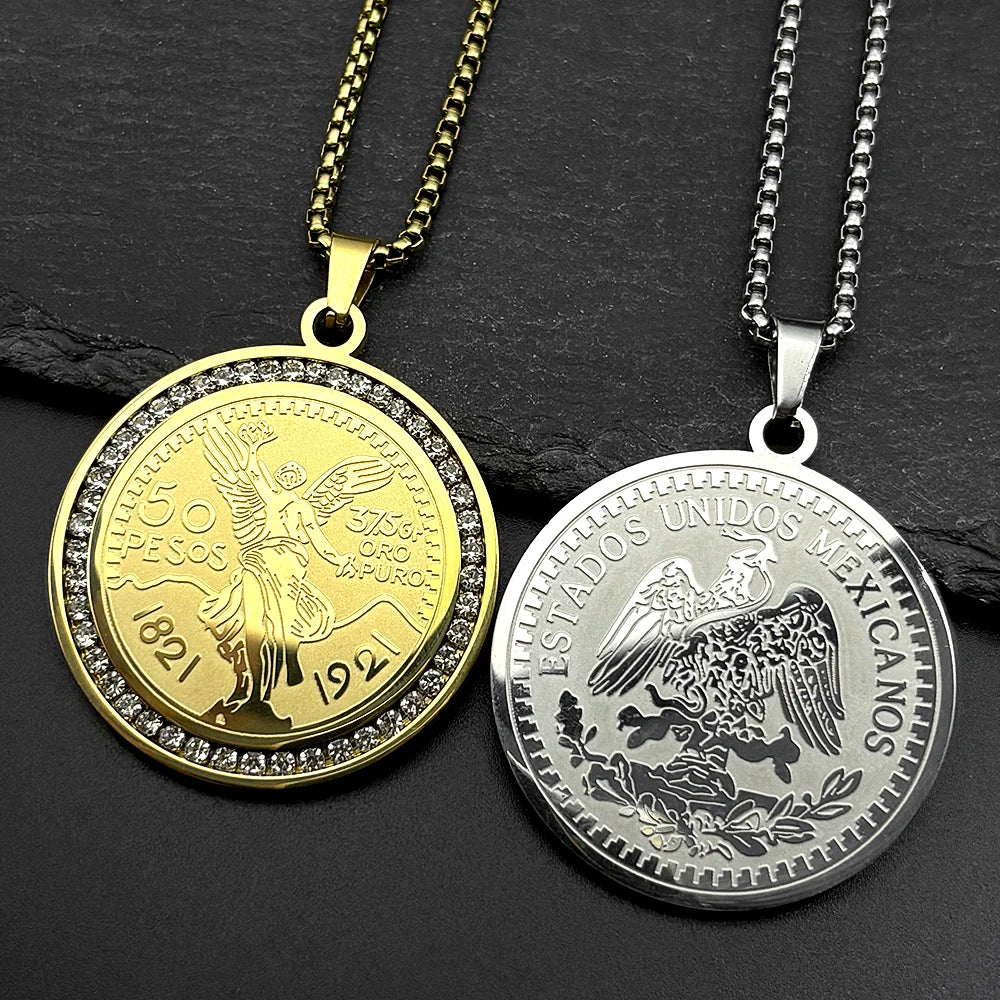 Men Women Stainless Steel Gold Color Winged Victory 1921 Mexican 50 Pesos Rhinestones Amulet Pendant Necklace