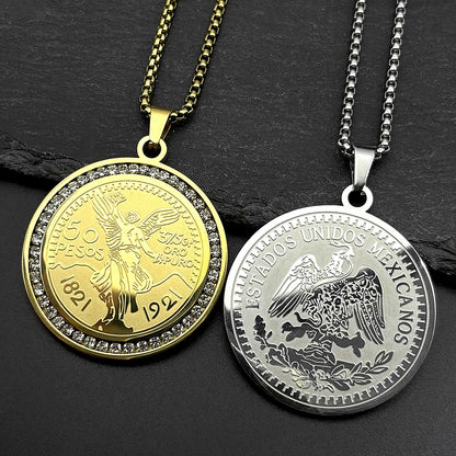 Men Women Stainless Steel Gold Color Winged Victory 1921 Mexican 50 Pesos Rhinestones Amulet Pendant Necklace
