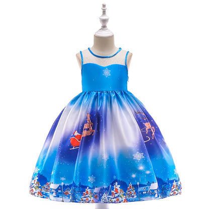 Kids Girls Princess Cartoon Santa Claus Snowflake Costume Xmas Party Print Dress