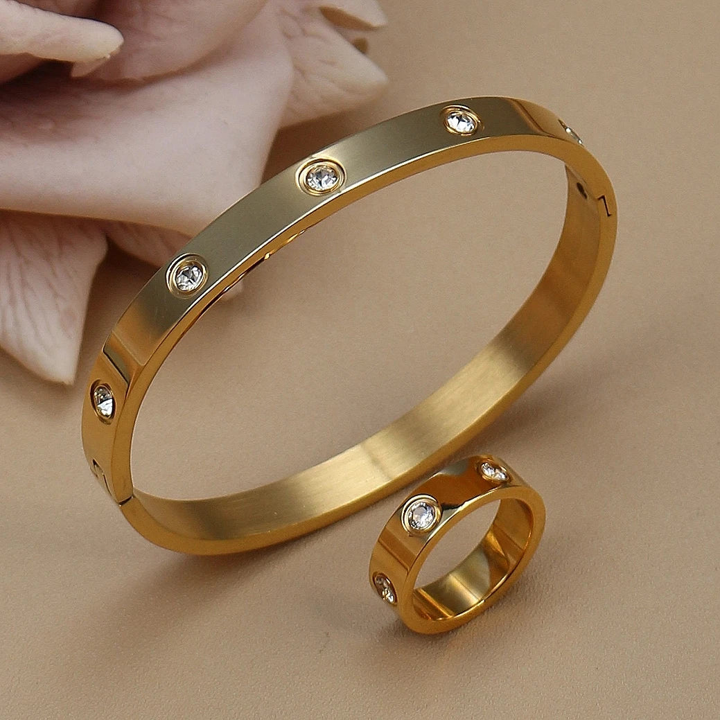 2-in-1 Women 18K Gold-Plated Stainless Steel Bracelet Ring Jewelry Set.