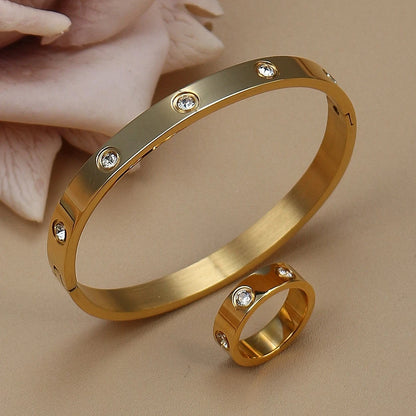 2-in-1 Women 18K Gold-Plated Stainless Steel Bracelet Ring Jewelry Set.