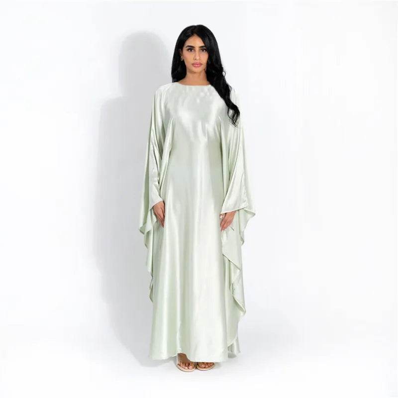 Women Satin Cloak Long Sleeve Loose Kaftan Fashion O Neck Long Dress