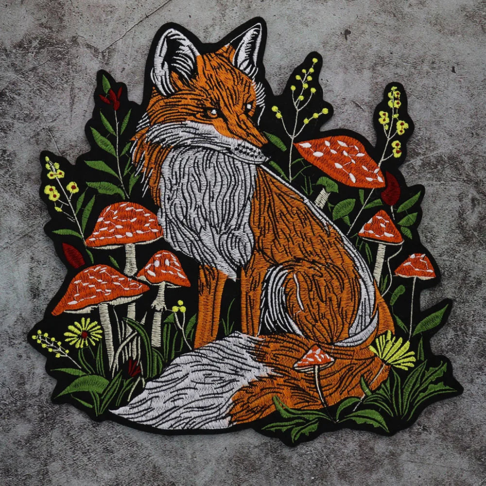 Mushroom Orange Foxes Motorcycle Embroidered Animal Patch Appliques Iron on Patches Badge Clothes Sewing