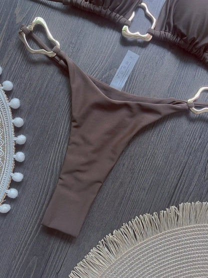 Women Bikini Solid Color Lace-up Split Two-piece Swimsuit Swimwear Suit