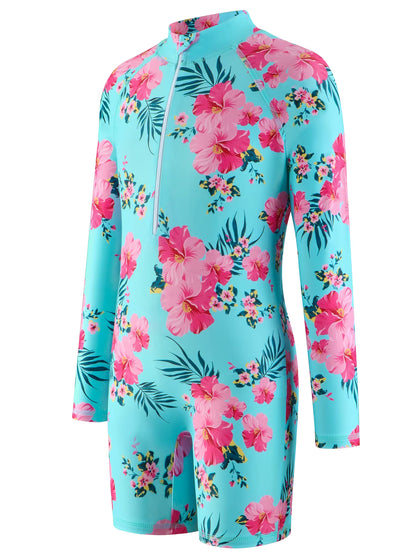 Girls Kids One Piece Long Sleeve Floral Print Beach Swim Rash Guard Boyleg Shorts Swimwear