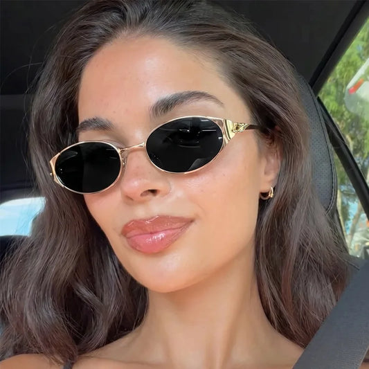 Women Metal Frame Oval Shades Fashion Designer Sunglasses Glasses