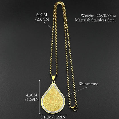 Men Women Stainless Steel Gold Color Islamic Rhinestones Amulet Allah Muslim Arabic Quran Necklace