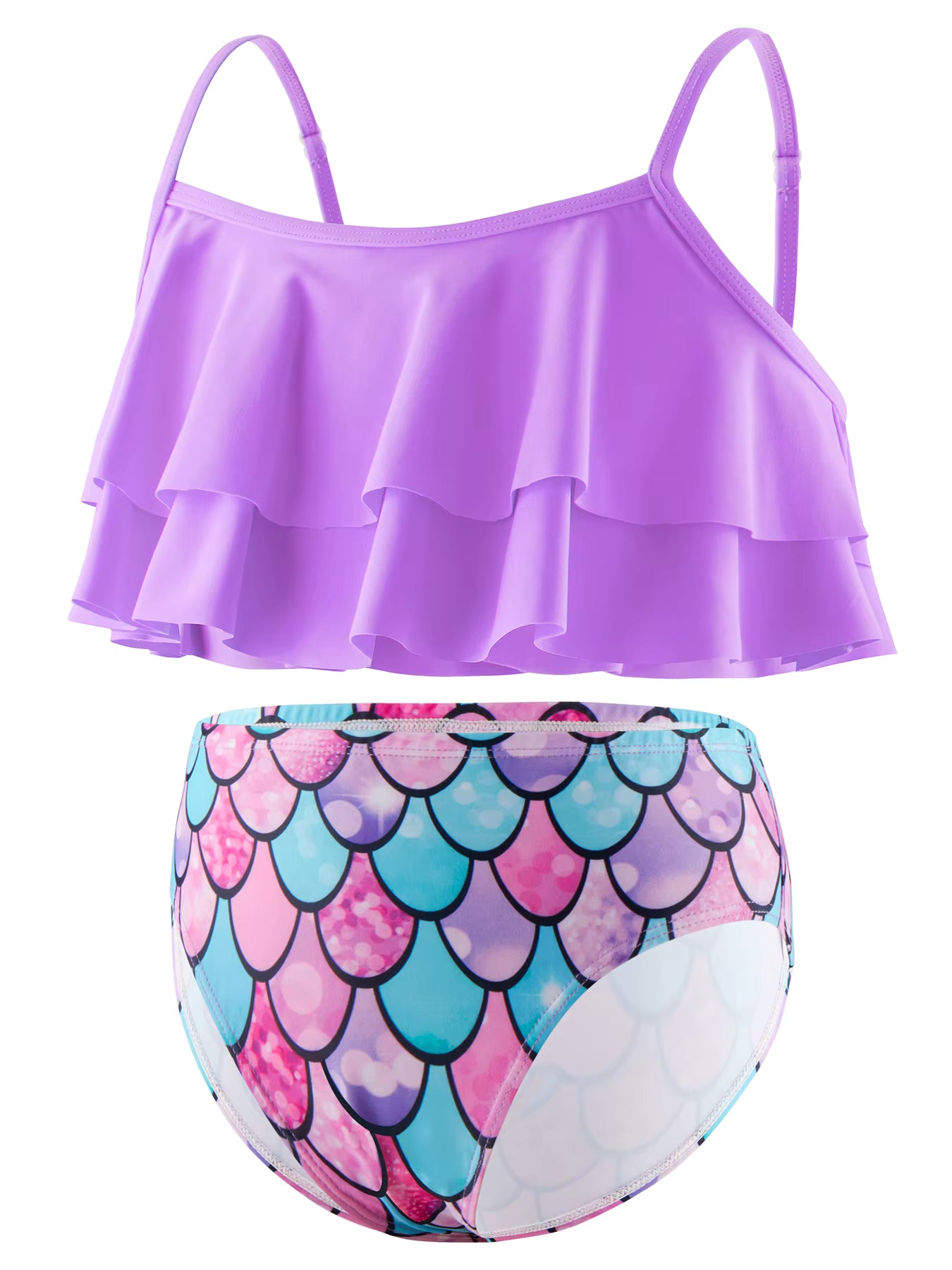 2pcs Kids Girl Sleeveless Pink Ruffle Crop Tops Scale Print Swim Briefs Swimming Suit