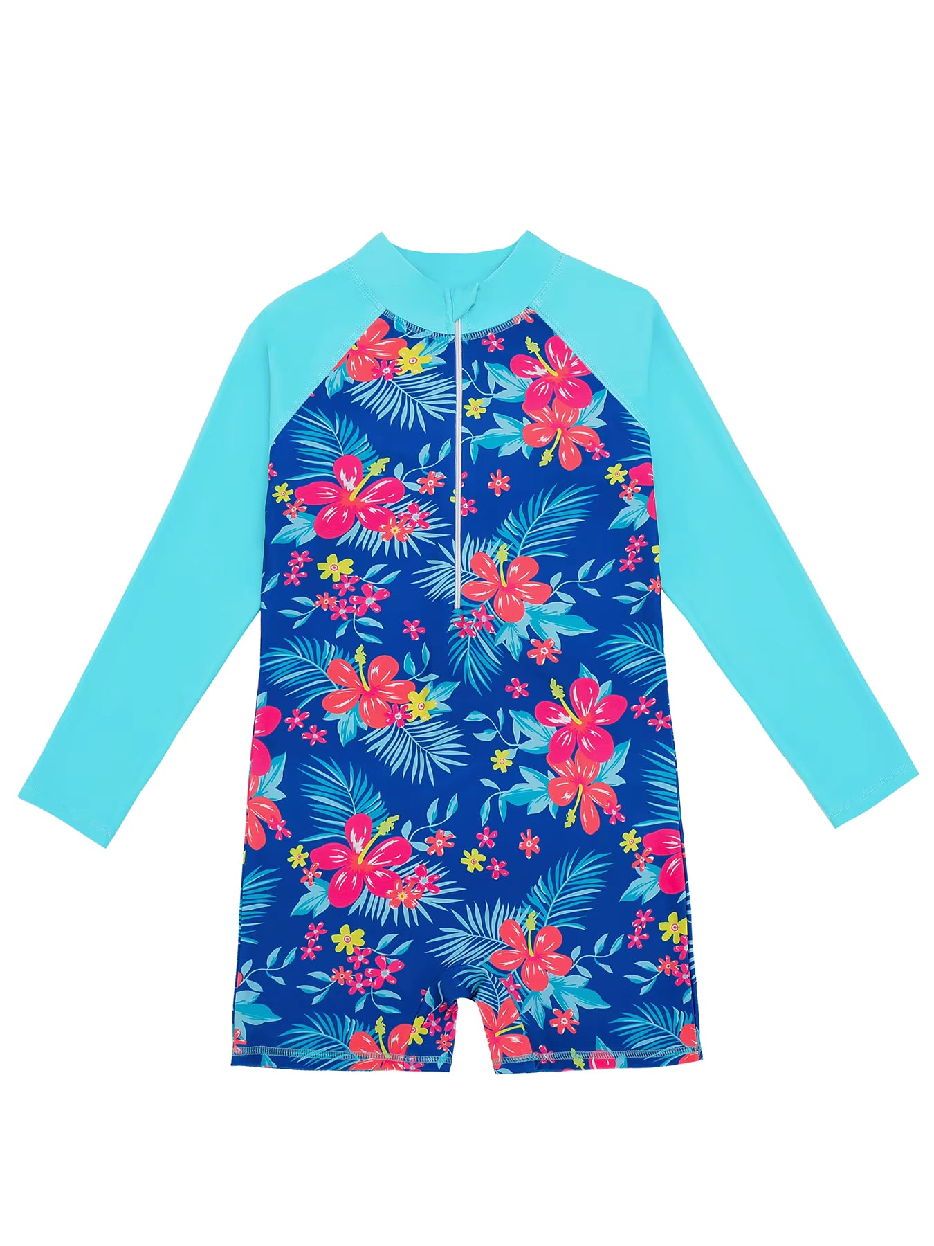 Girls Kids One-Piece Long Sleeve Plants Print Beach Swimwear Boyleg Shorts Swimsuit