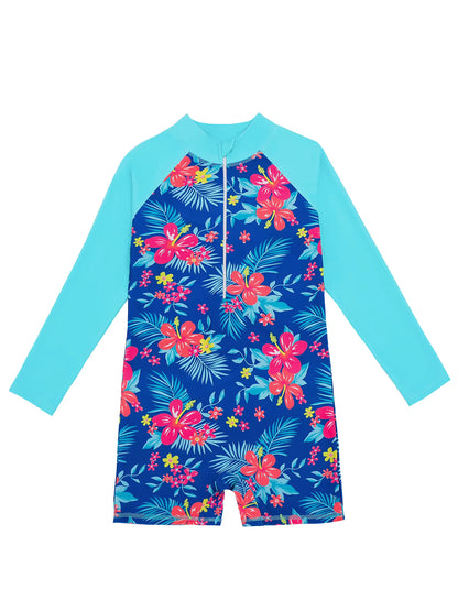 Girls Kids One-Piece Long Sleeve Plants Print Beach Swimwear Boyleg Shorts Swimsuit