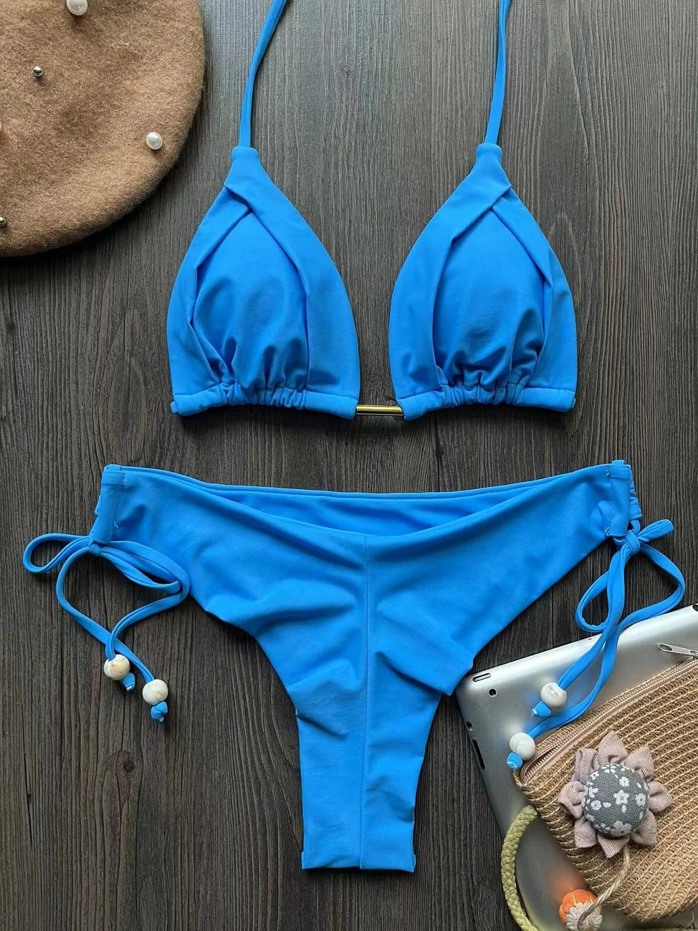 Solid Color Bikini Swimsuit Hanging Neck Rope Split Swimsuit 2-piece Beachwear Suit