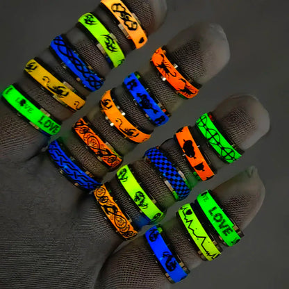 20pcs/Lot Wholesale Mix Style Colorful Luminous Glow Ring Wide Stainless Steel Fluorescent Finger Rings