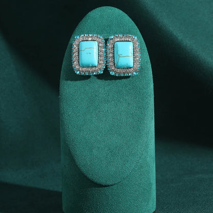 Vintage Wedding Natural Stone Square Blue Rhinestones Antique Studs Earrings