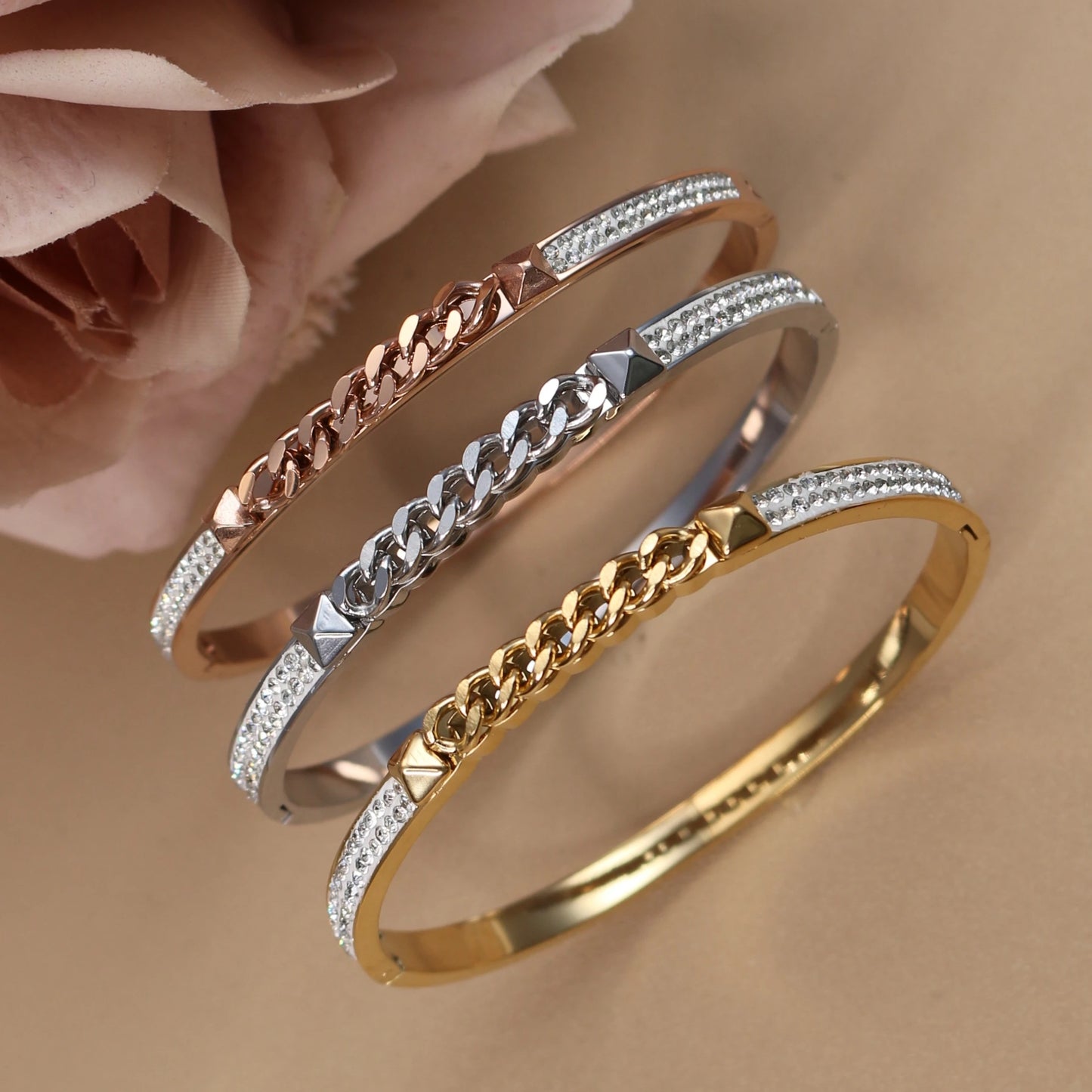 Love Charm 18k Gold Stainless Steel Crystal Cross Roman Numerals Bangle Bracelet