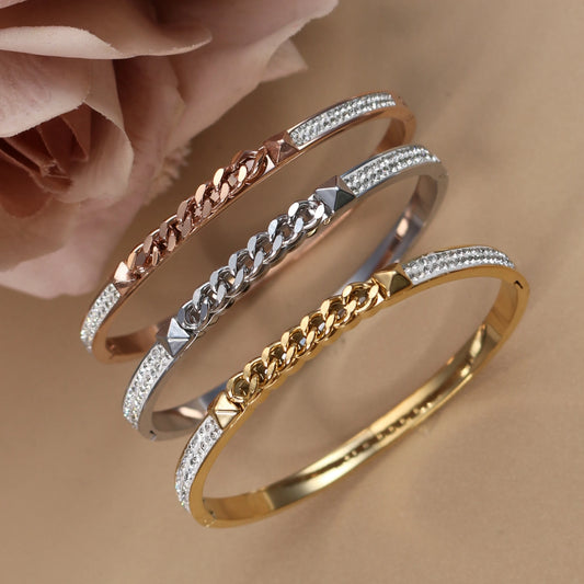 Love Charm 18k Gold Stainless Steel Crystal Cross Roman Numerals Bangle Bracelet