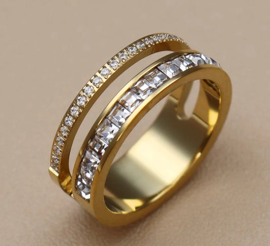 Women 18k Gold Color Cubic Zircon Stainless Steel Fashion Crystal Wedding Party Ring