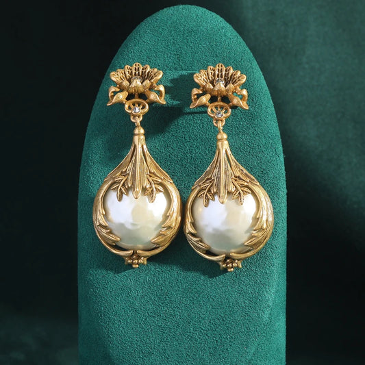 Women Vintage Baroque Pearl Dangle Yellow Flower Metal Carving Rose Water Drop Pendant Earrings