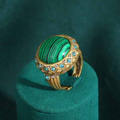 Women Vintage Antique Gold Color Oval Crystal Emerald Round Natural Stone Rings