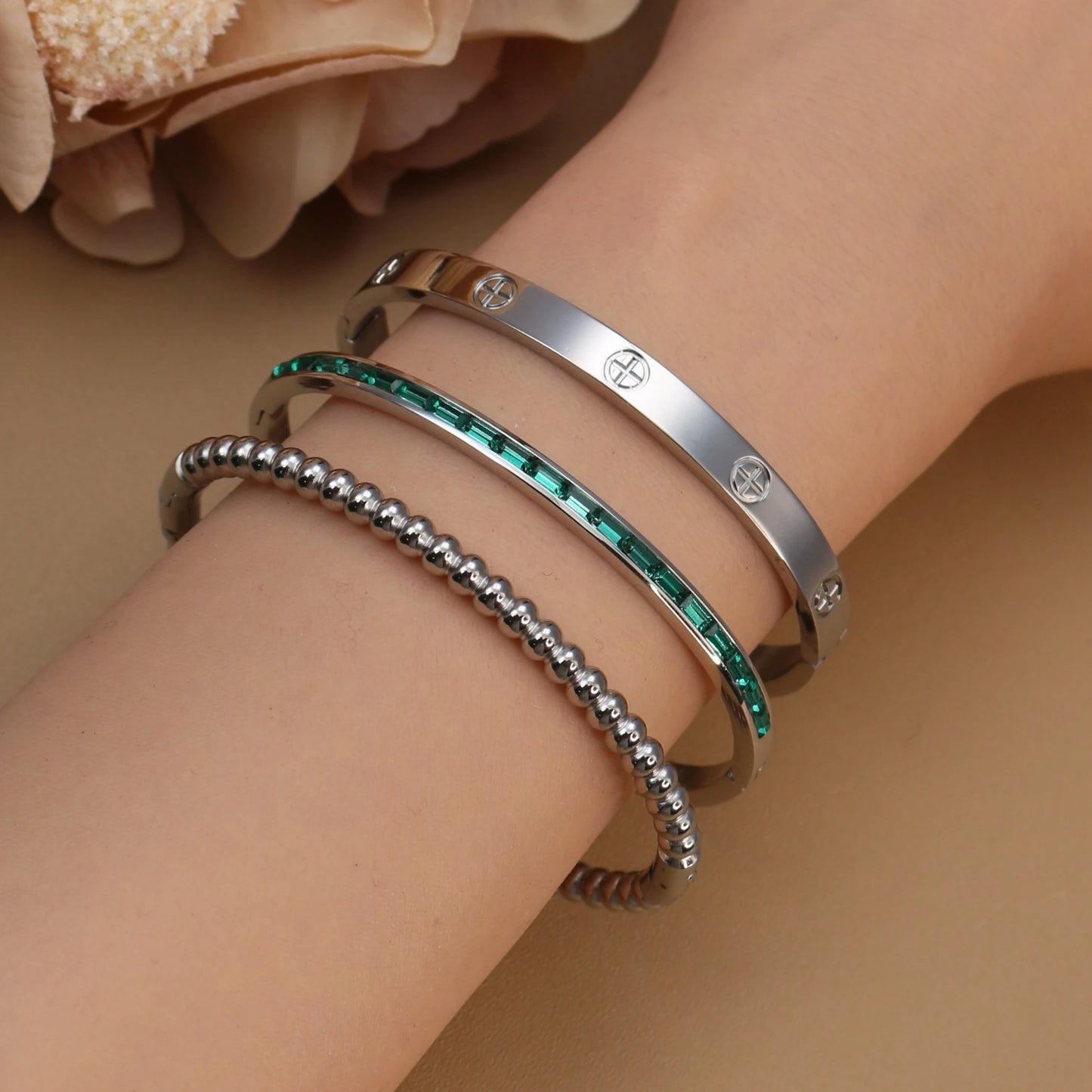 Women 18k Gold Plated Stainless Steel Green Zircon Bangles Bracelet Set Gift.