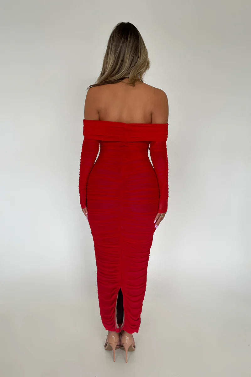 Women Off-shoulder Long Sleeve Sexy Maxi Strapless Backless Bodycon Ruched Party Long Dress