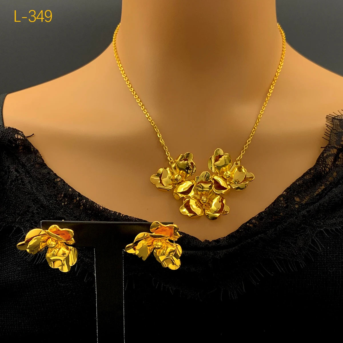 Dubai 24K Gold Plated Women Flower African Indian Bridal Wedding Necklace Earrings Jewelry Set