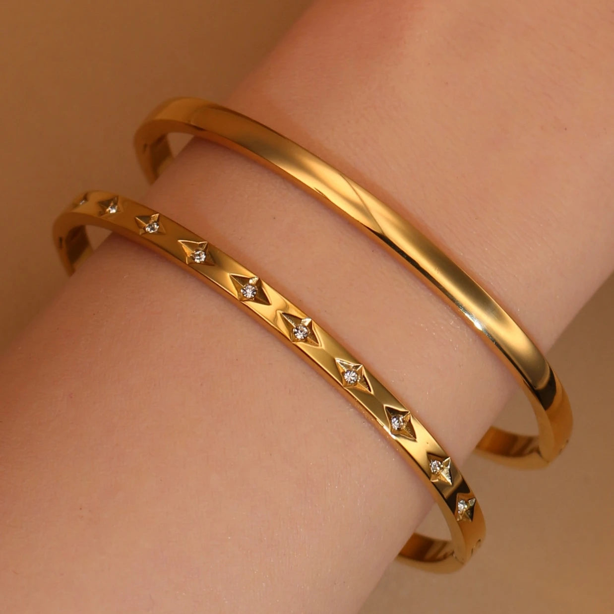 2-in-1 Women 18 K Gold Plated Zircon Stainless Steel Curved Bracelet Gift Bangle