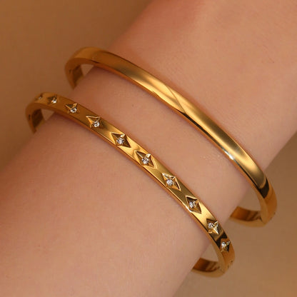 2-in-1 Women 18 K Gold Plated Zircon Stainless Steel Curved Bracelet Gift Bangle