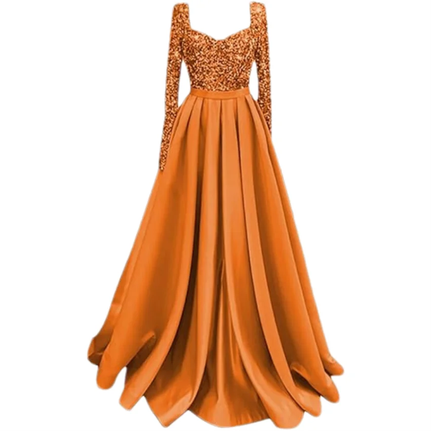 Long Sleeve Sequin Prom Long Satin Women Formal A-Line Evening Party Ball Gown Dress w/ Pockets