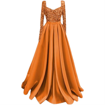 Long Sleeve Sequin Prom Long Satin Women Formal A-Line Evening Party Ball Gown Dress w/ Pockets