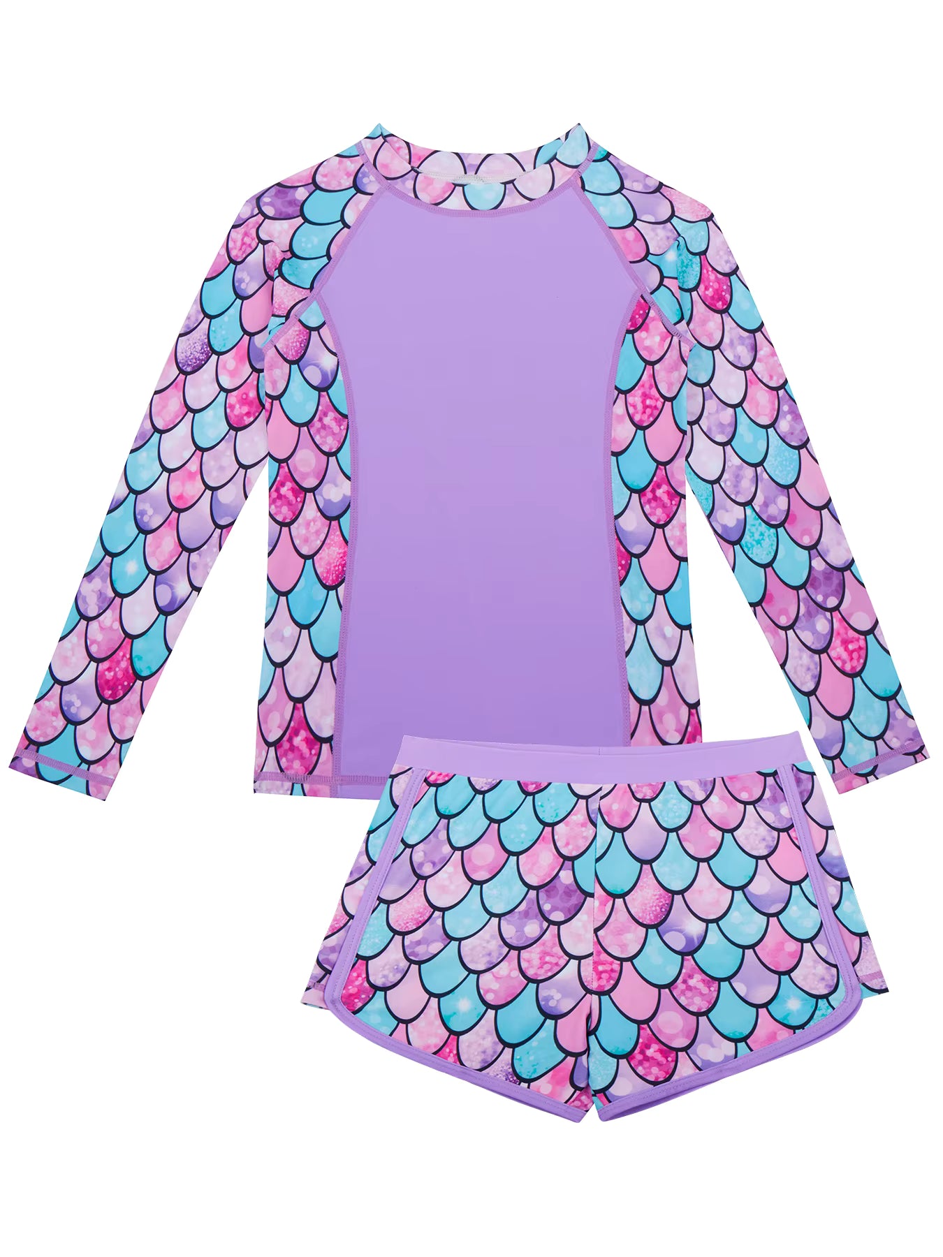 2pcs Kids Girls Long-Sleeved Scale Print Tops Boyleg Swim Shorts Swimwear Suit